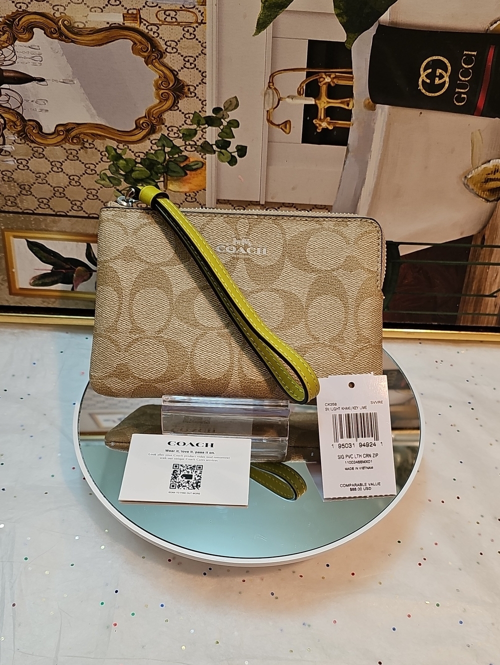 Coach Tan Signature Coated  Canvas  with Lime Trim Leather Wrislet